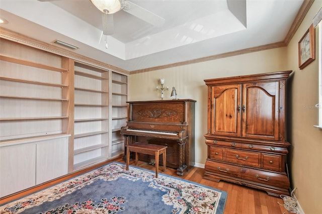 miscellaneous room featuring a raised ceiling, ceiling fan, and light wood-type flooring