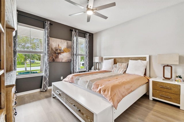 bedroom featuring light wood-type flooring and ceiling fan