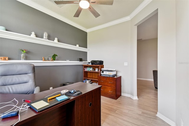 office area with light hardwood / wood-style flooring, ceiling fan, and crown molding