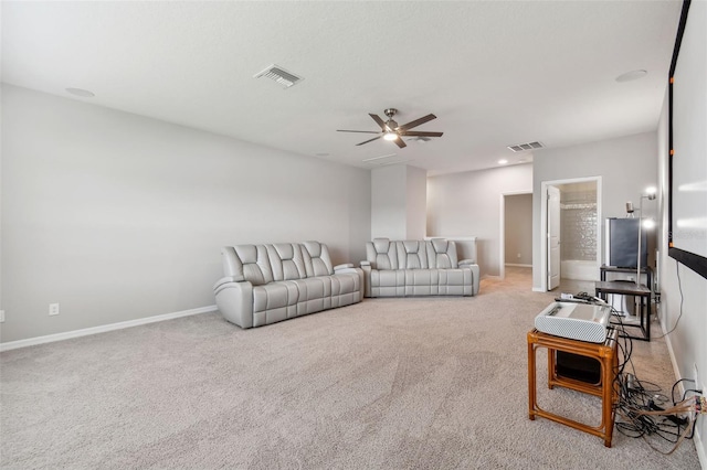 living room with light carpet and ceiling fan