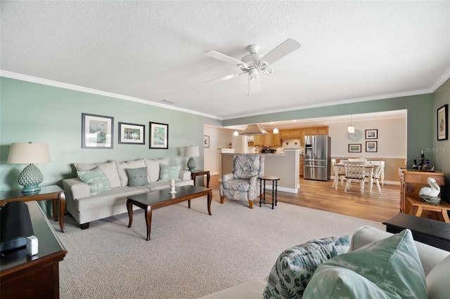 carpeted living room with ceiling fan, crown molding, and a textured ceiling