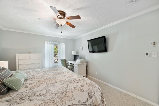 bedroom featuring ceiling fan, a textured ceiling, ornamental molding, and carpet floors