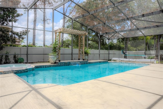 view of swimming pool featuring an in ground hot tub, a lanai, a pergola, and a patio