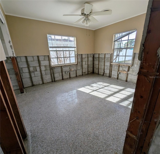 spare room with ceiling fan, ornamental molding, and a wealth of natural light