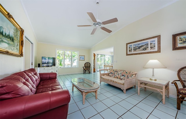 living room with lofted ceiling, light tile patterned floors, and ceiling fan