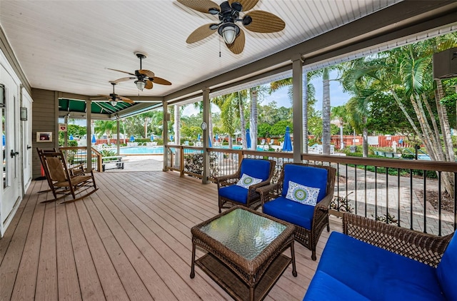 wooden terrace with ceiling fan