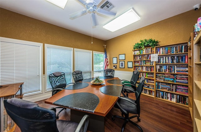 office area with dark hardwood / wood-style floors and ceiling fan