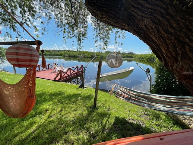 view of dock with a water view and a yard