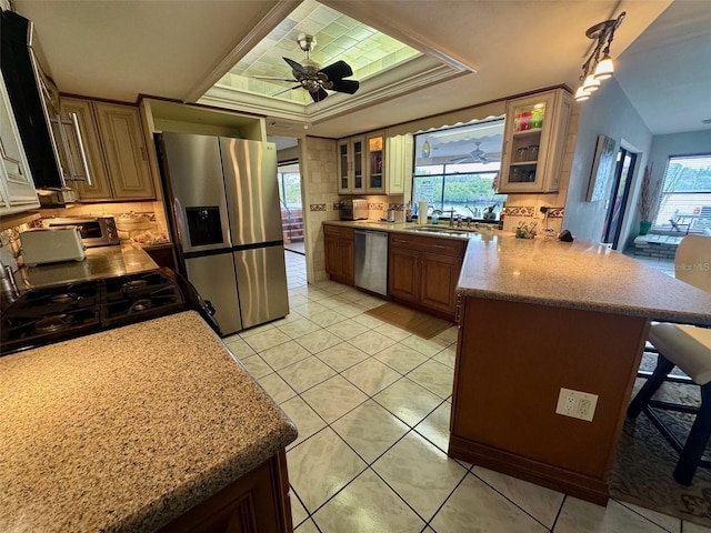 kitchen featuring ceiling fan, a raised ceiling, a wealth of natural light, sink, and stainless steel appliances