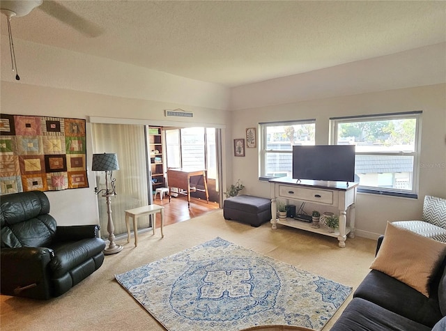 living room featuring carpet floors and a textured ceiling