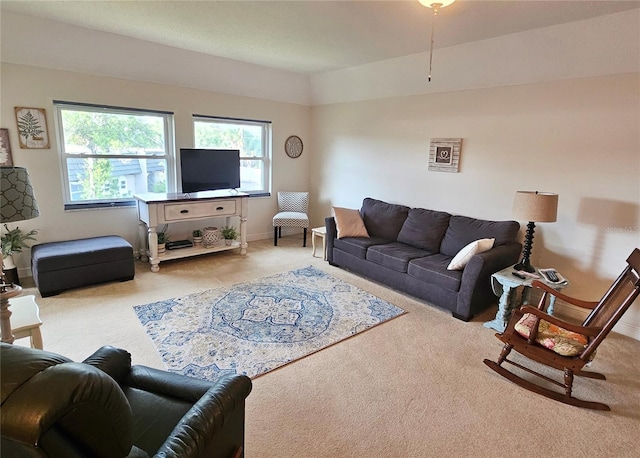 living room with light colored carpet