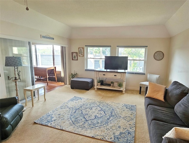 living room featuring lofted ceiling, a healthy amount of sunlight, and carpet