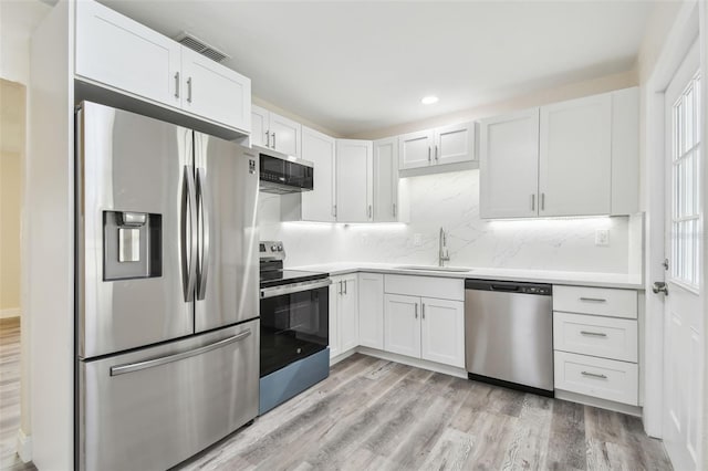 kitchen with white cabinets, sink, appliances with stainless steel finishes, and light hardwood / wood-style flooring