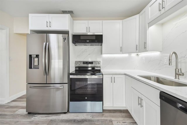 kitchen with white cabinets, sink, light hardwood / wood-style flooring, decorative backsplash, and appliances with stainless steel finishes