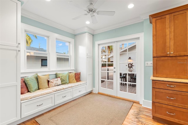 mudroom featuring french doors, light wood finished floors, recessed lighting, ornamental molding, and baseboards