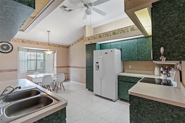 kitchen with sink, light tile patterned floors, stove, white fridge with ice dispenser, and ceiling fan