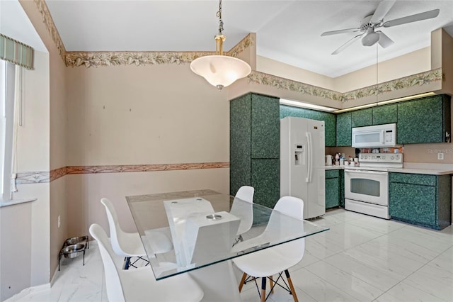 dining space featuring light tile patterned flooring and ceiling fan