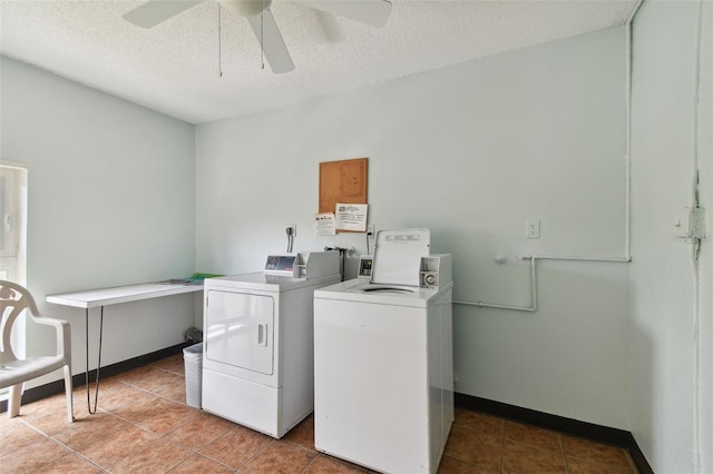 washroom featuring tile patterned flooring, ceiling fan, a textured ceiling, and washer and clothes dryer