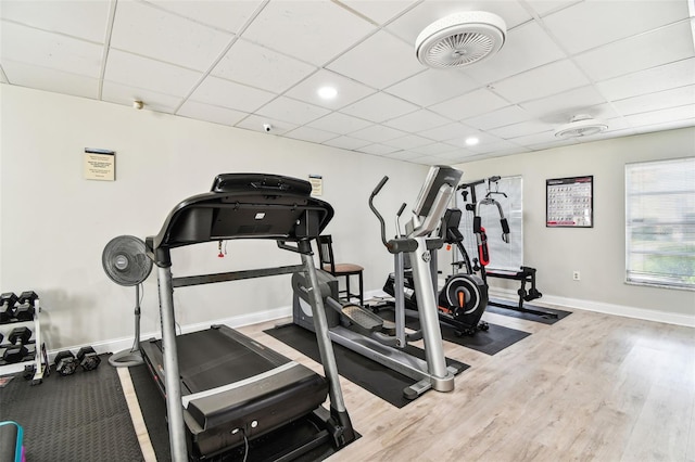 exercise room featuring wood-type flooring and a paneled ceiling