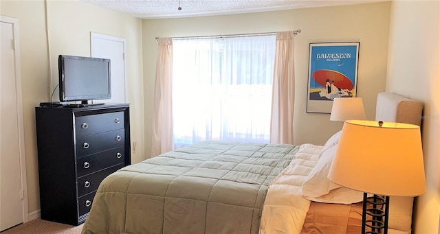 carpeted bedroom featuring multiple windows and a textured ceiling