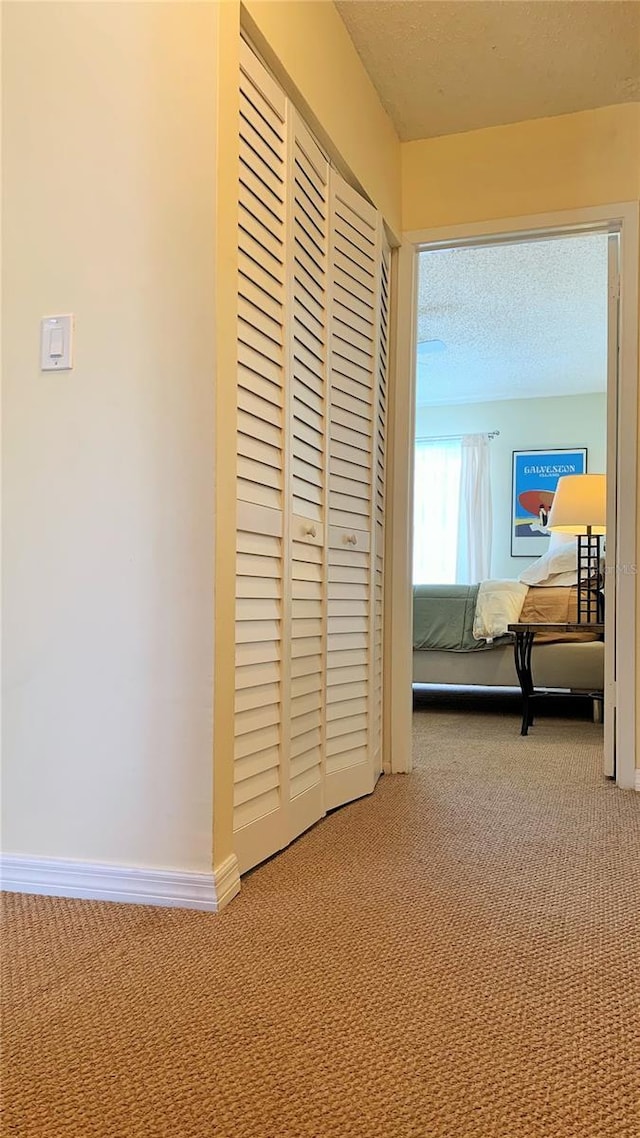 hall with carpet and a textured ceiling