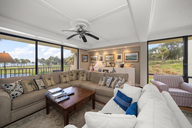 living room with ornamental molding and a ceiling fan