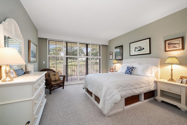 bedroom featuring light carpet