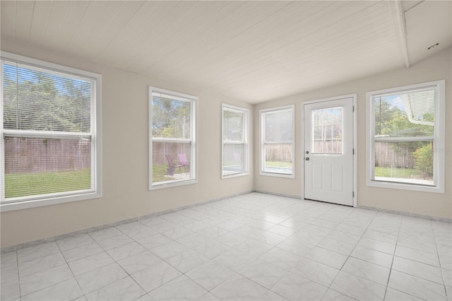 unfurnished sunroom with vaulted ceiling and wooden ceiling