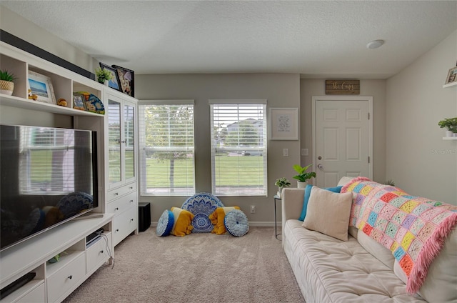 recreation room featuring a textured ceiling, baseboards, and light colored carpet