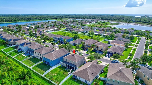 aerial view featuring a water view