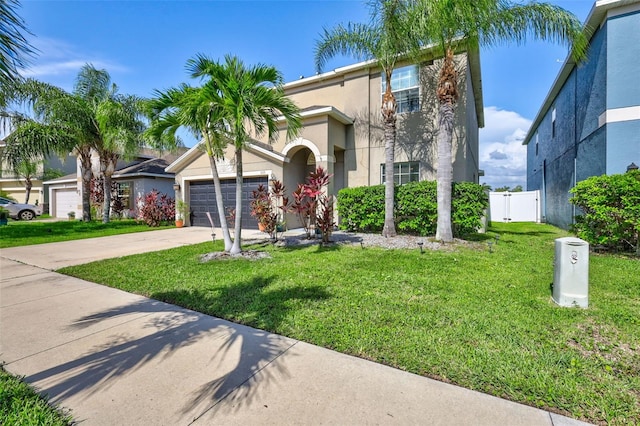 view of front of home with a garage and a front lawn