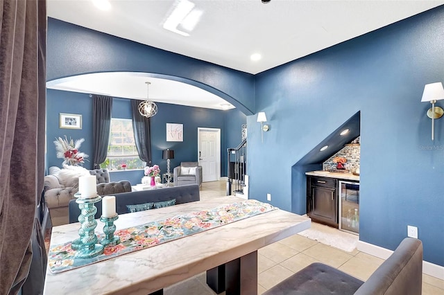 tiled dining room with wine cooler