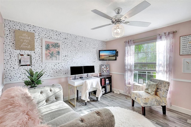 office area with ceiling fan and light wood-type flooring