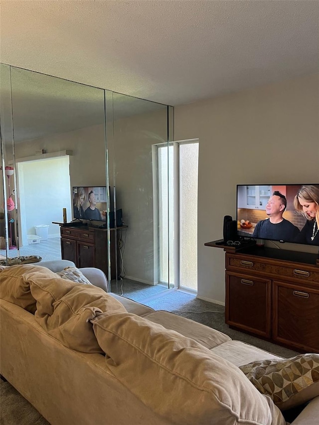 living room featuring a textured ceiling and light colored carpet