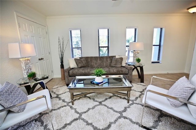 living room with light tile patterned flooring and crown molding