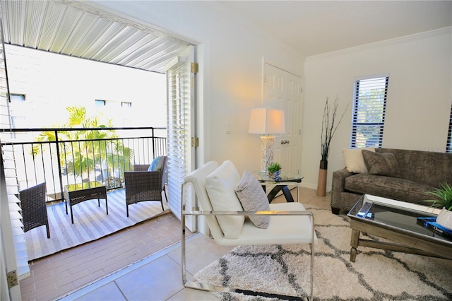 living room featuring tile patterned floors and ornamental molding