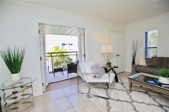 tiled living room with crown molding