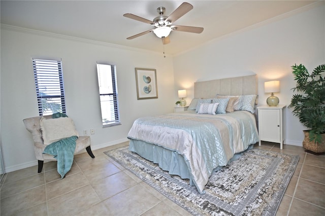 bedroom featuring ceiling fan, light tile patterned floors, and crown molding