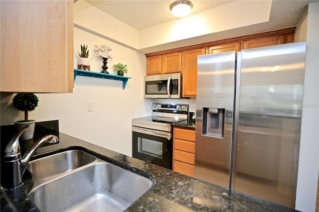 kitchen with dark stone counters, sink, and stainless steel appliances