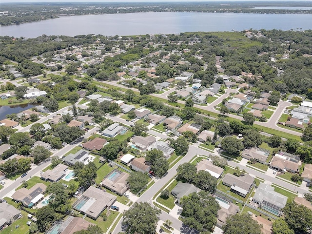 drone / aerial view featuring a water view