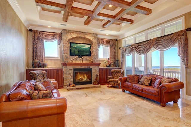 living room with a stone fireplace, light tile patterned floors, crown molding, beam ceiling, and coffered ceiling