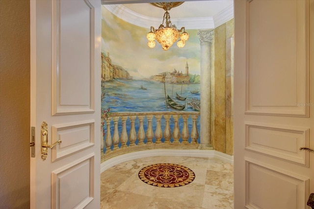 bathroom with a notable chandelier, tile patterned floors, and crown molding