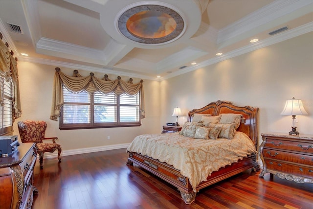 bedroom with ornamental molding, coffered ceiling, and dark wood-type flooring