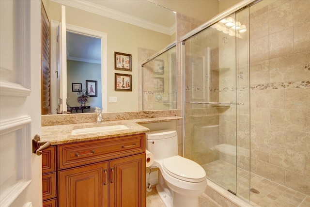 bathroom with a shower with door, tile patterned flooring, crown molding, toilet, and vanity