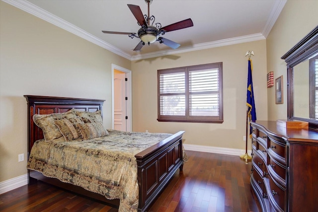 bedroom featuring crown molding, dark wood-type flooring, and ceiling fan