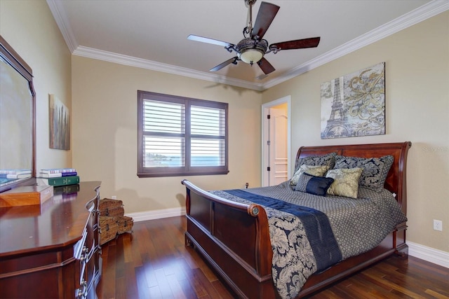 bedroom with dark hardwood / wood-style floors, ornamental molding, and ceiling fan