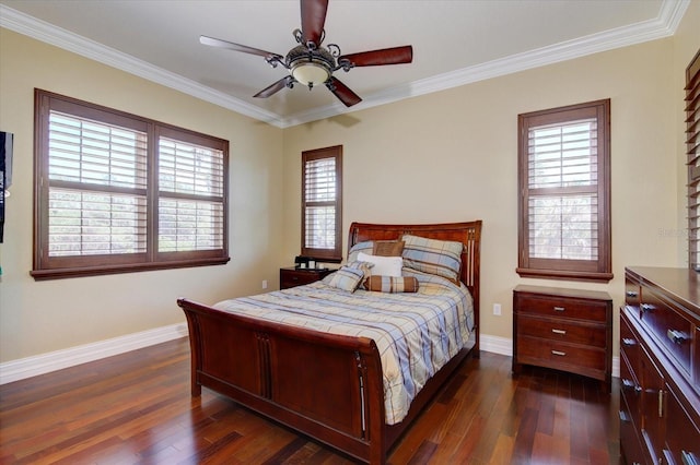 bedroom featuring ornamental molding, multiple windows, ceiling fan, and dark wood-type flooring