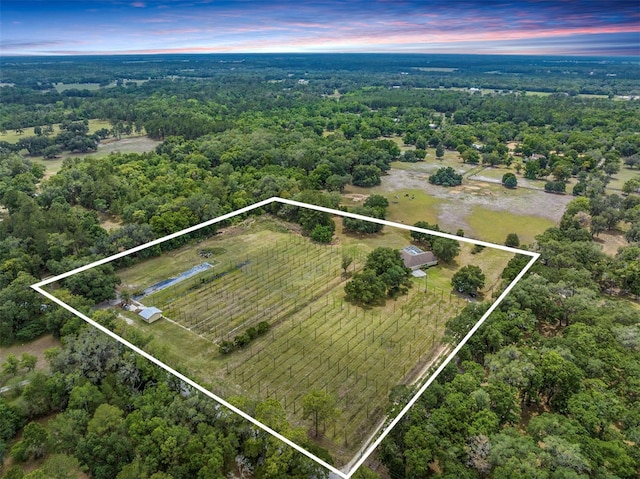 aerial view at dusk featuring a forest view and a rural view