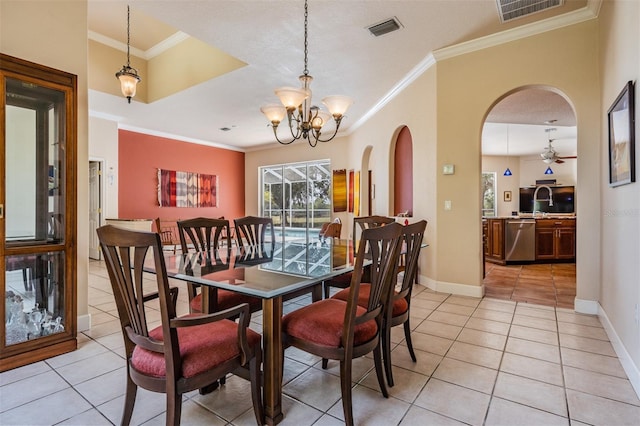 dining area featuring light tile patterned flooring, visible vents, and a notable chandelier