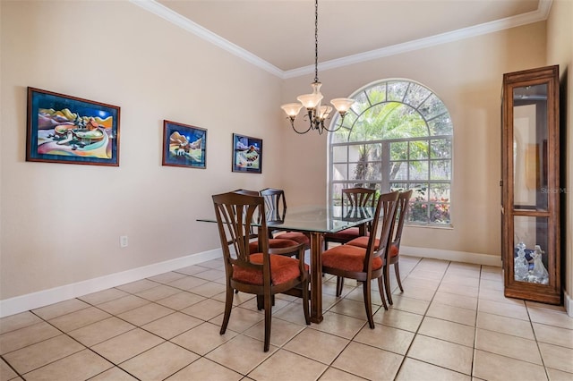 dining room with an inviting chandelier, baseboards, crown molding, and light tile patterned flooring